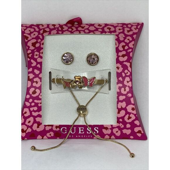 Guess A11901-21 Gold Crystal Butterfly Slider Bracelet & Earrings MSRP $25 G14 - Picture 1 of 5